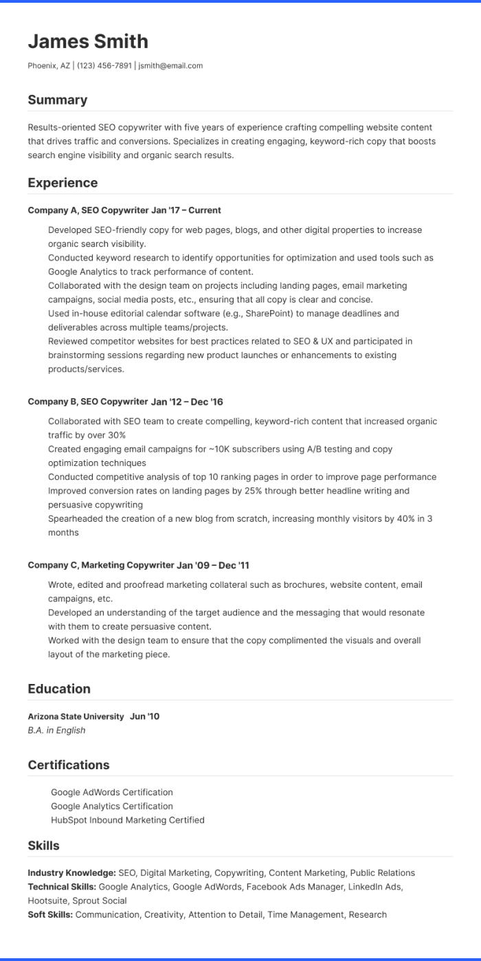 Copywriter for SEO resume CLIMB examples