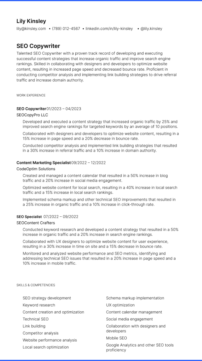  SEO Copywriter resume examples Teal site