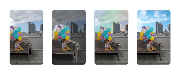 Four images showing the steps involved in editing a photo of a boy with balloons using the Magic Editor in Google Photos.