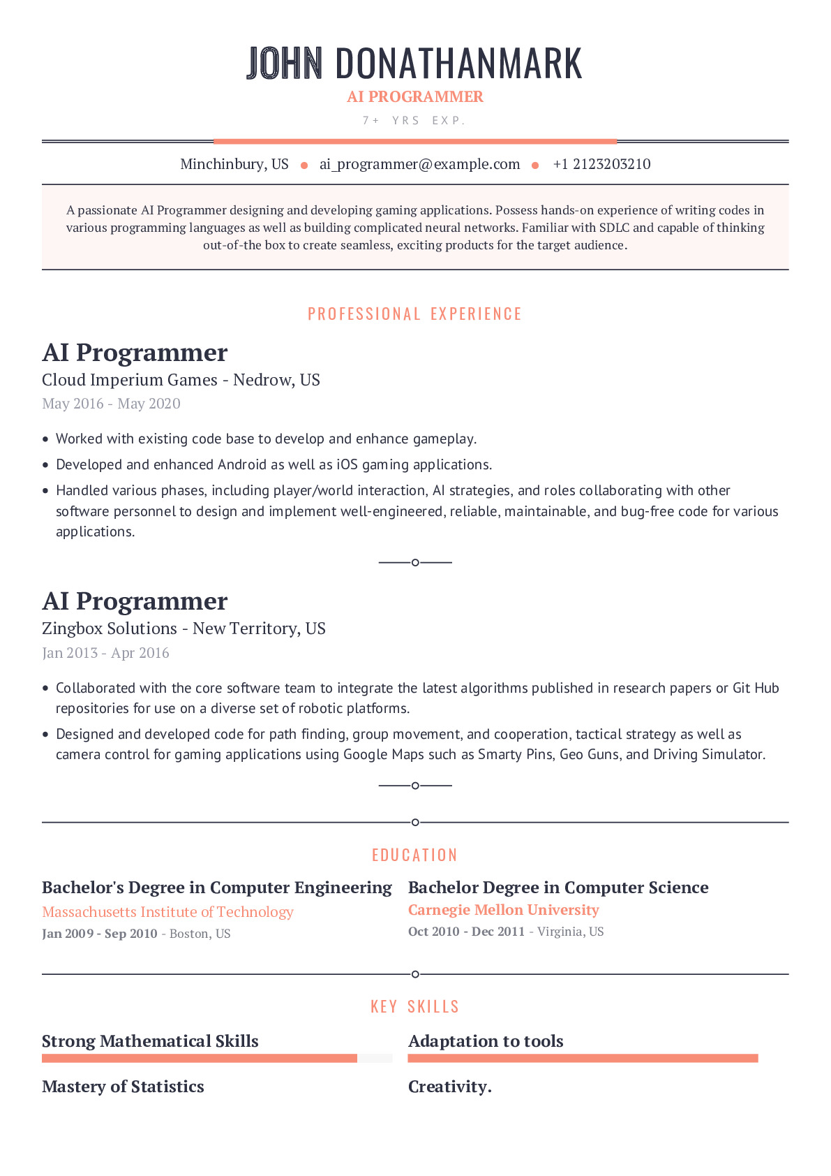 AI Programmer Resume Example